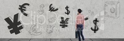 businesswoman in front of money on wall