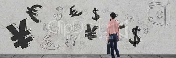 businesswoman in front of money on wall