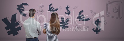 woman and man in front of money on wall
