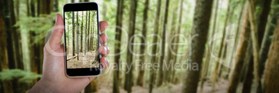 Composite image of cropped image of hand holding smart phone