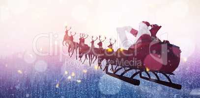 Composite image of santa claus riding on sled during christmas