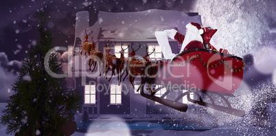 Composite image of santa claus riding on sled during christmas