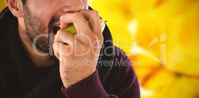 Composite image of close-up of man eating pear