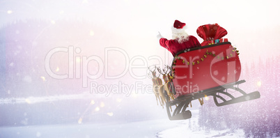 Composite image of santa claus riding on sled with gift box