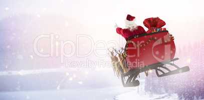 Composite image of santa claus riding on sled with gift box