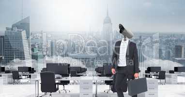 Businessman with CCTV head in office above city skyline