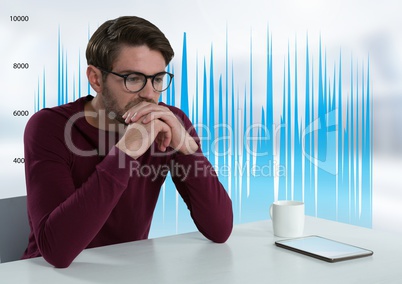Businessman at desk with tablet and wave length bar chart levels