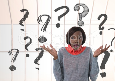confused woman with question marks