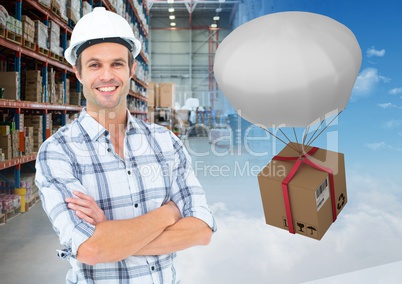 man with boxes in warehouse, transition