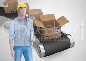 man with boxes on conveyor belt in warehouse, transition