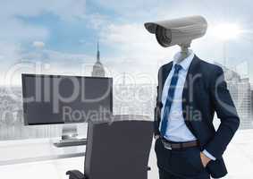 Businessman with CCTV head in office above city skyline