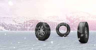 Tyres in Winter snow landscape