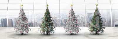 Christmas trees in long room with windows