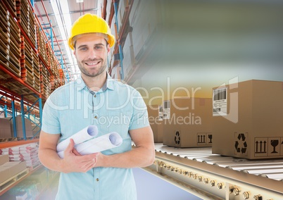 man with boxes on conveyor belt in warehouse, transition