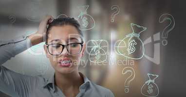 frustrated woman with finance icons
