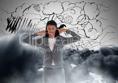 Frustrated woman in front clouds
