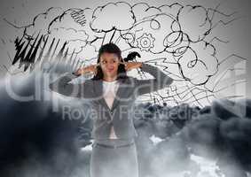 Frustrated woman in front clouds