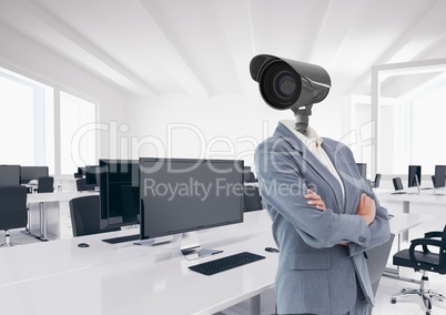 Businesswoman with CCTV head at office