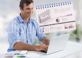 Businessman with laptop at desk with diagrams and charts