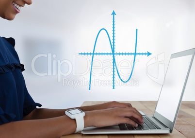 Businesswoman with laptop at desk and diagram