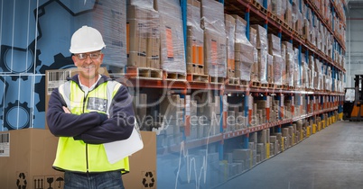 man with boxes in warehouse, transition