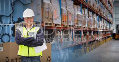 man with boxes in warehouse, transition