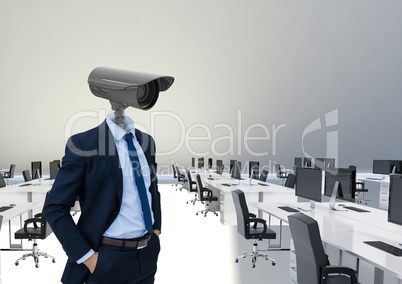 Businessman with CCTV head at office