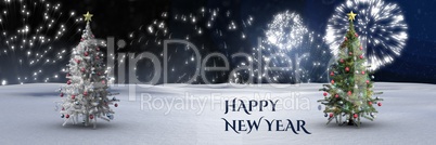 Happy new year text and Christmas trees in winter landscape with fireworks