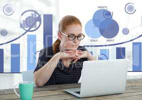 Businesswoman at desk with laptop and bar chart statistics