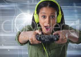 woman playing with computer game controller with motion background