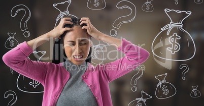 frustrated woman with finance icons