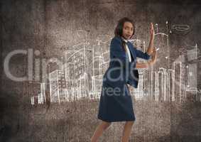 Businesswoman pushing hands with city drawings