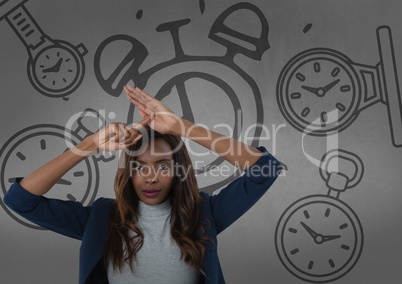 Frustrated woman in front of clocks