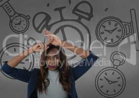 Frustrated woman in front of clocks