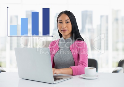 Businesswoman at desk with laptop and bar chart