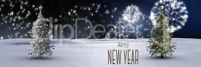 Happy new year text and Christmas trees in winter landscape with fireworks