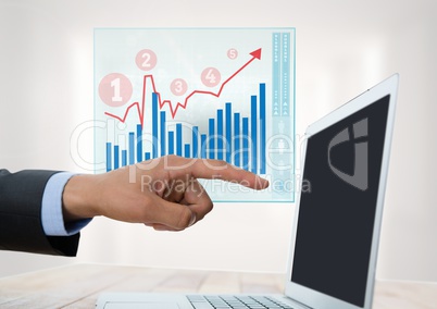 Businessman at desk with laptop and bar charts incrementing interface