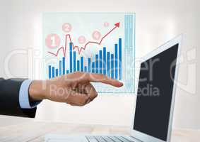 Businessman at desk with laptop and bar charts incrementing interface