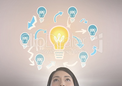 woman looking up at light bulb