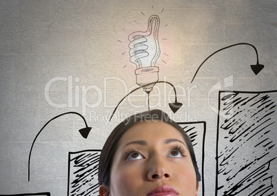 man looking up at light bulb idea