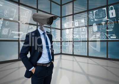 Businessman with CCTV head at office with interface