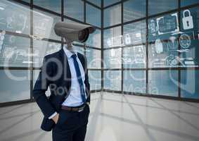 Businessman with CCTV head at office with interface