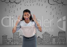 Frustrated woman in rain