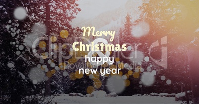 merry Christmas and happy new year text on snow background, bokeh