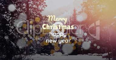 merry Christmas and happy new year text on snow background, bokeh