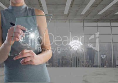 Woman holding glass interface wifi