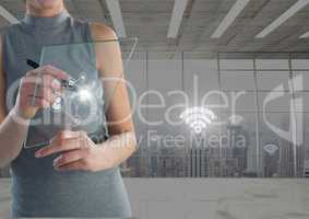 Woman holding glass interface wifi