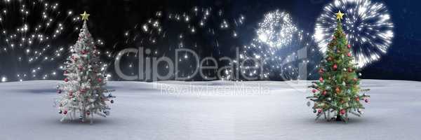 Christmas trees in winter landscape with fireworks
