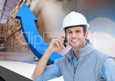 man with box in warehouse, transition an arrows