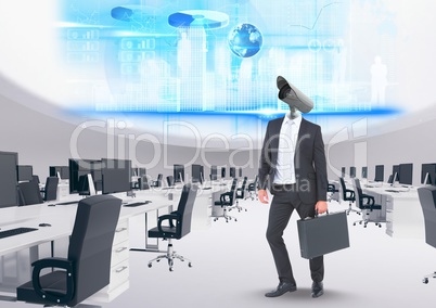 Businessman with CCTV head with interface